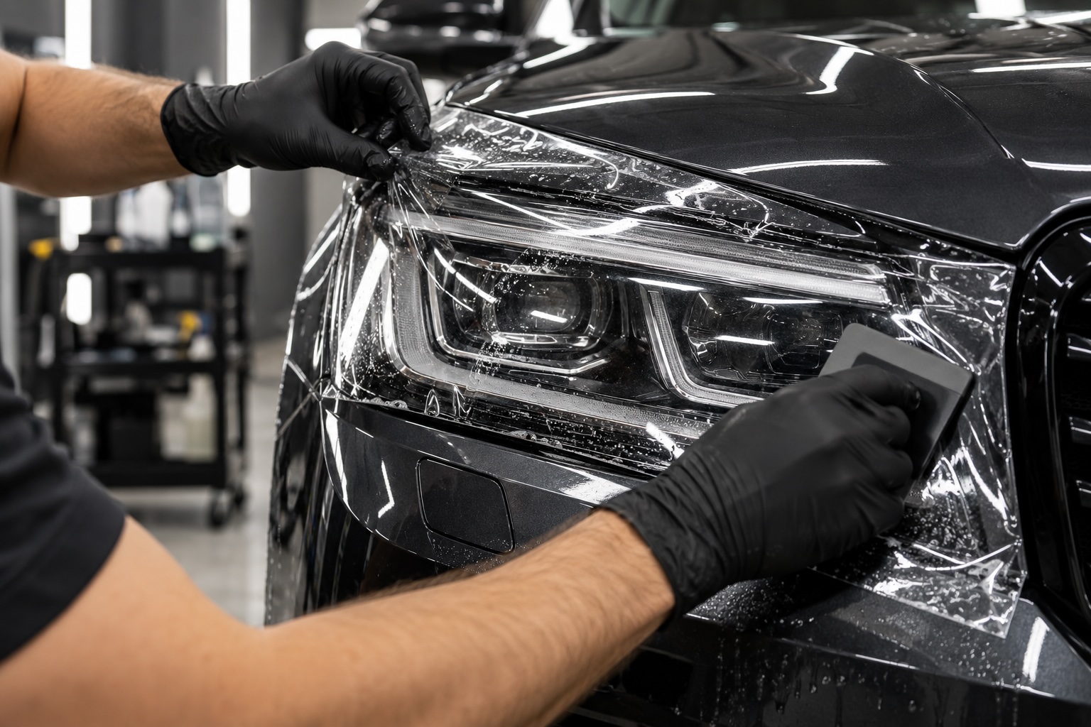 Бронирование автомобильной фары полиуретановой плёнкой